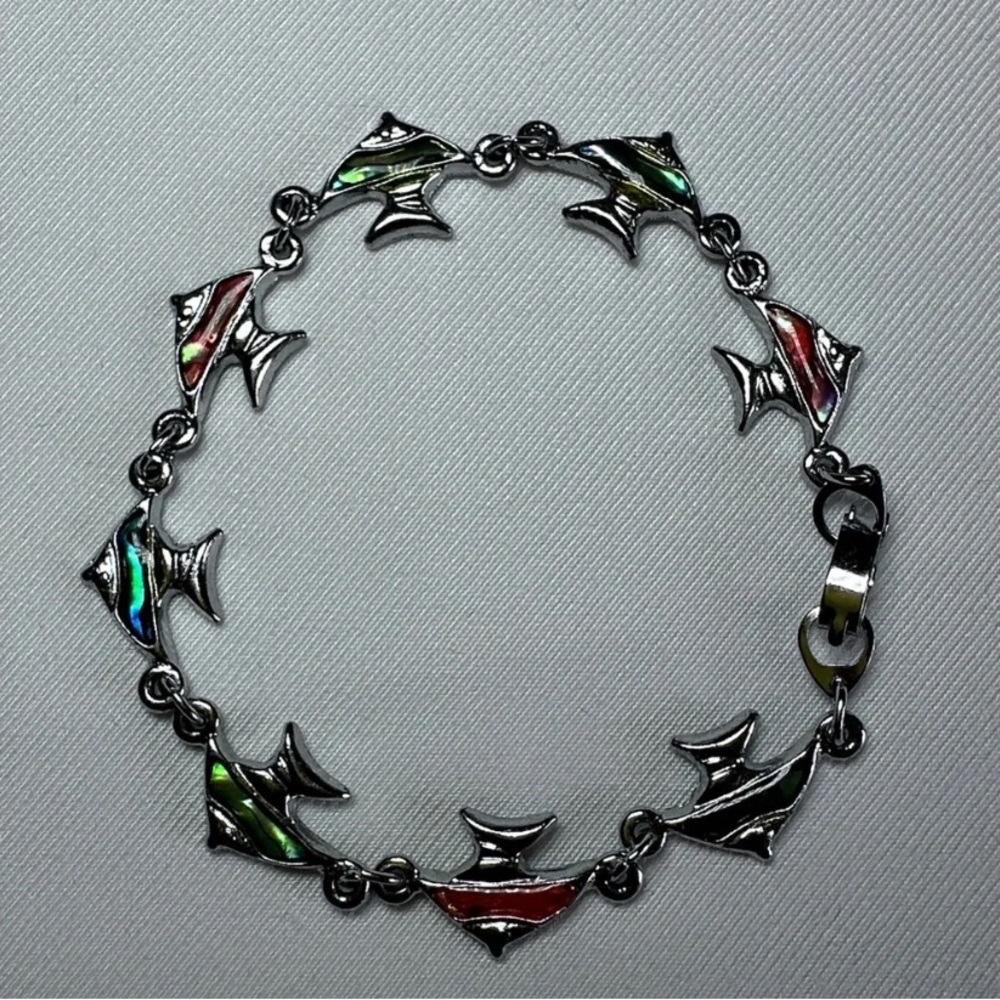 Silver Fish Link Bracelet with Iridescent Green and Red Inlay
